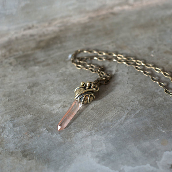Large heart pendant with Lemurian Quartz crystal - SATI CREATION - necklaces - anatomical heart pendant - brass heart