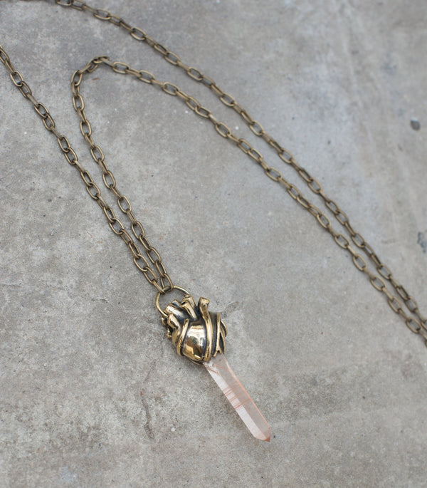 Large heart pendant with Lemurian Quartz crystal - SATI CREATION - necklaces - anatomical heart pendant - brass heart