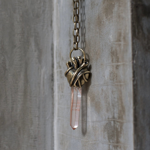 Large heart pendant with Lemurian Quartz crystal - SATI CREATION - necklaces - anatomical heart pendant - brass heart