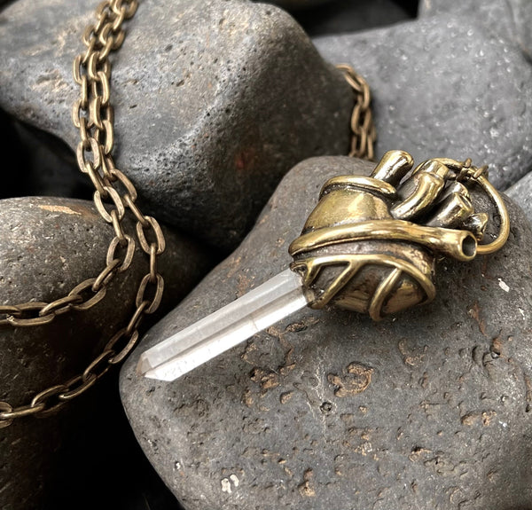 Large heart pendant with Quartz crystal - SATI CREATION - necklaces - anatomical heart pendant - brass heart - gift for her