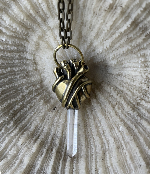 Large heart pendant with Quartz crystal - SATI CREATION - necklaces - anatomical heart pendant - brass heart - gift for her