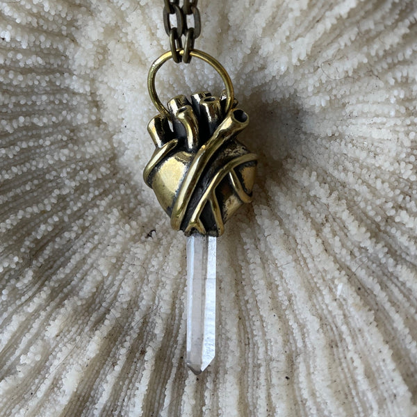 Large heart pendant with Quartz crystal - SATI CREATION - necklaces - anatomical heart pendant - brass heart - gift for her