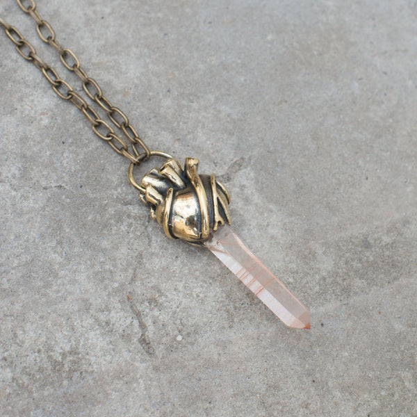 Large heart pendant with Lemurian Quartz crystal - SATI CREATION - necklaces - anatomical heart pendant - brass heart